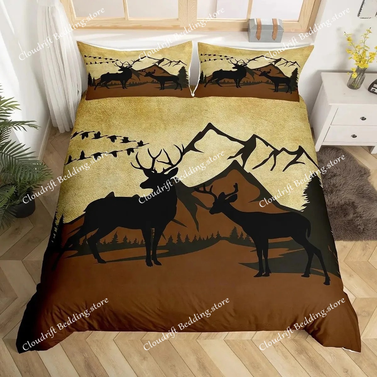 Hunting And Camping In Forest - غطاء لحاف بتصميم الغزلان والحيوانات البرية،